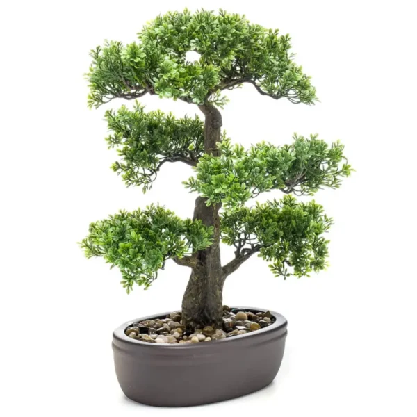 Emerald Artificial Ficus Mini Bonsai on Brown Plate 43 cm - Image 2