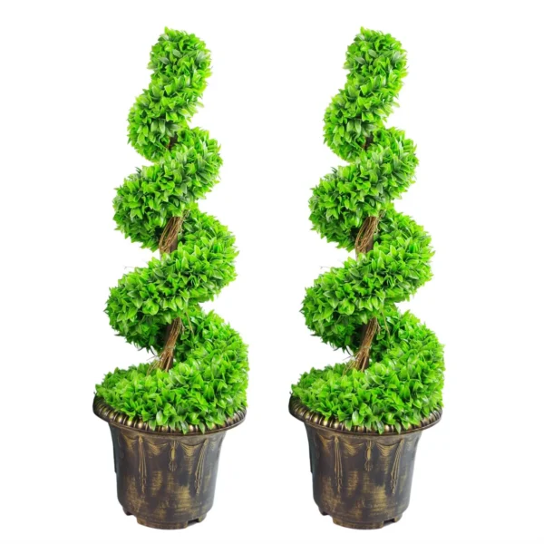 90cm Pair of Green Large Leaf Spiral Topiary Trees with Decorative Planters