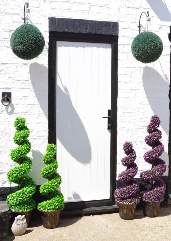 90cm Pair of Green Large Leaf Spiral Topiary Trees with Decorative Planters - Image 2