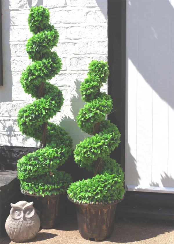 90cm Pair of Green Large Leaf Spiral Topiary Trees with Decorative Planters - Image 3