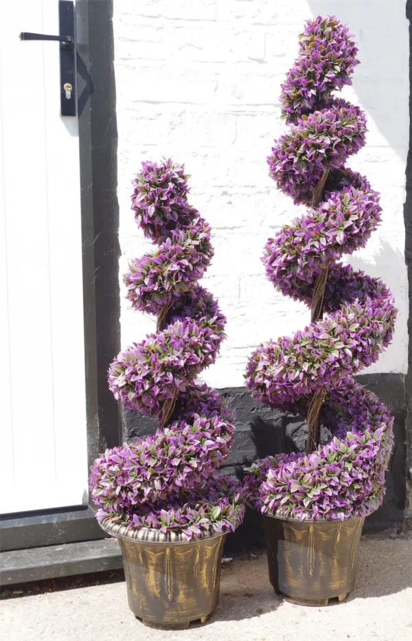 90cm Pair of Purple Large Leaf Spiral Topiary Trees with Decorative Planters - Image 5