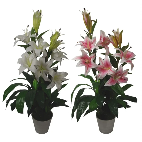 Artificial Lily Plant Stargazer Style 90cm Pink White Pot - Image 4