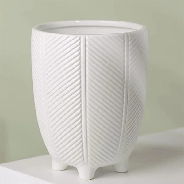 Ceramic Plant Pot Planter Embossed White Feet 15 x 15 x 18.5cm