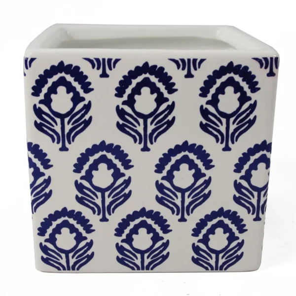 Ceramic Cube Planter Print Blue Tulip Plant Pot - Image 3