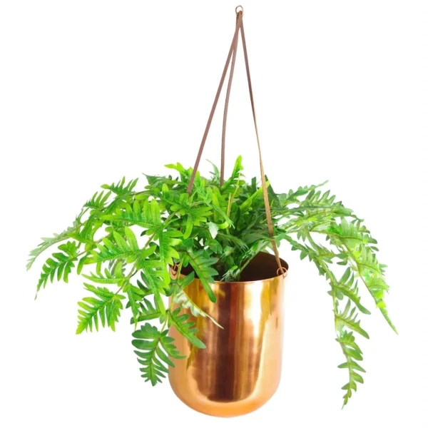 Leaf Copper Hanging Planter Leather Straps Modern Contemporary 18 x 22cm - Image 2