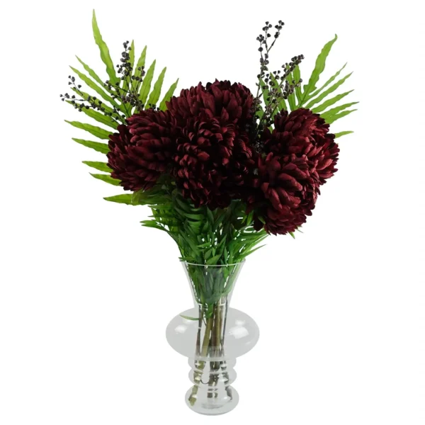 Leaf 95cm Red Chrysanthemum Artificial Flowers Glass Bubble Vase