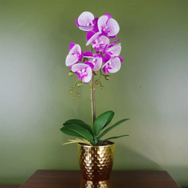 Purple White Orchid Artificial 50cm Gold Pot