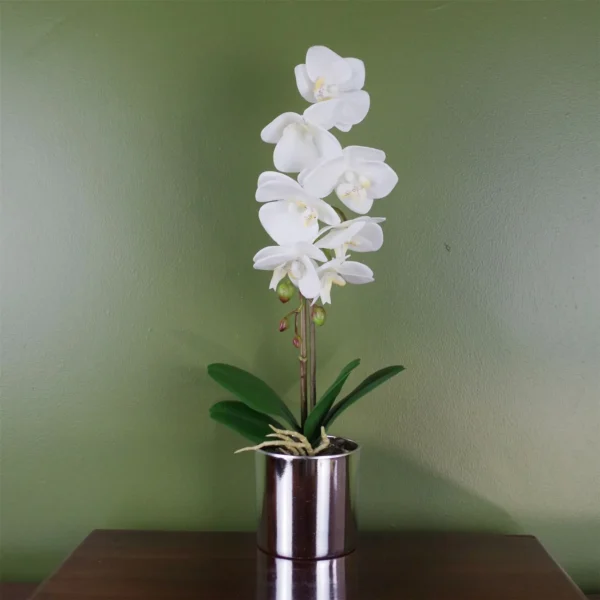 White Artificial Orchid Silver Pot 46cm