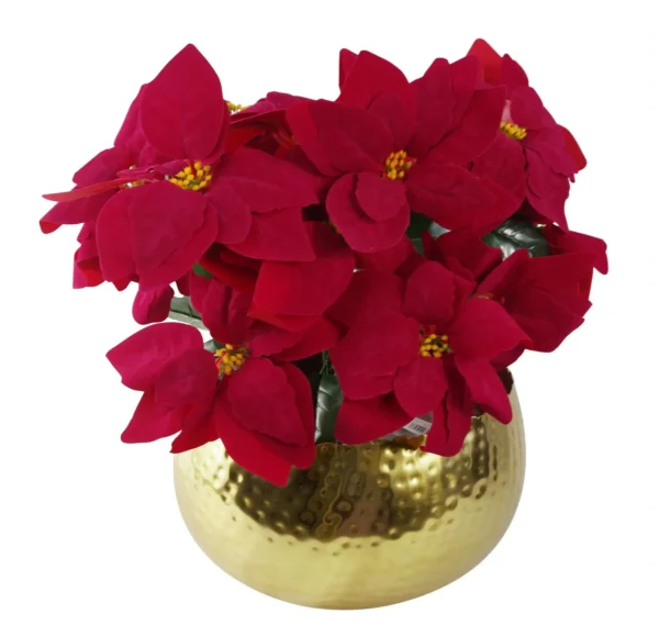 Poinsettias Gold Metal Planter Artificial Christmas Xmas