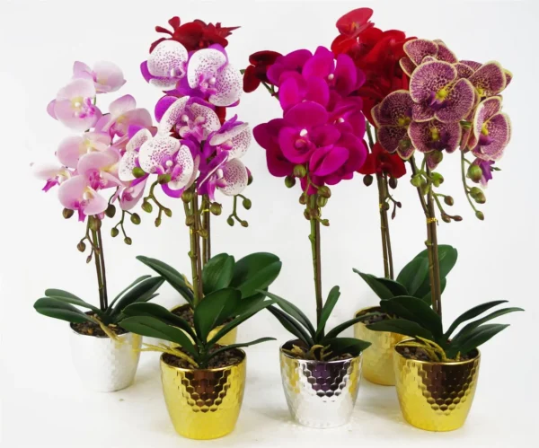 Orchid Artificial Purple White 50cm Gold Pot Phalaenopsis - Image 5