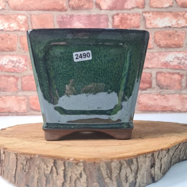 14cm Glazed Cascade Bonsai Pot | Square | 14cm x 14cm x 13cm | Dark Green