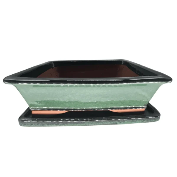 37cm Glazed Bonsai Pot | Rectangle | 37cm x 29cm x 11cm | Green | With Drip Tray