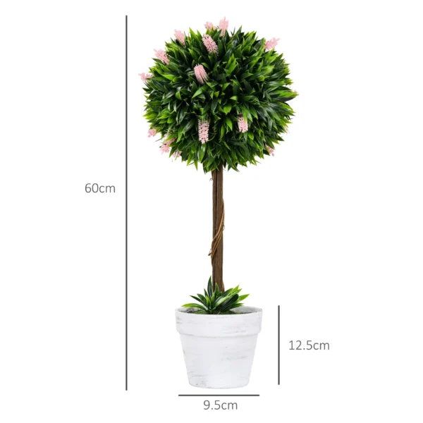 HOMCOM Set of 2 Decorative Artificial Plants Ball Trees with Flower for Home Indoor Outdoor Decor, 60cm in Pink - Image 2