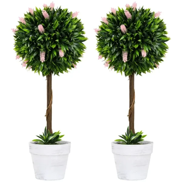 HOMCOM Set of 2 Decorative Artificial Plants Ball Trees with Flower for Home Indoor Outdoor Decor, 60cm in Pink